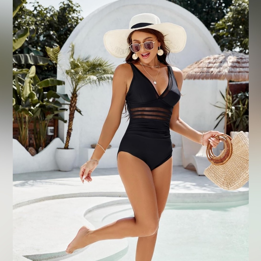 NWT Elegant Black One-Piece with Sheer Panels and Tummy Control Size Large